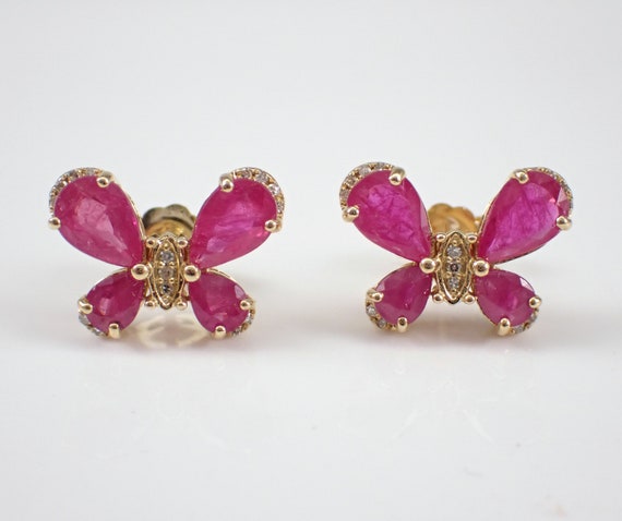 14K Yellow Gold Ruby Butterfly Earrings - Gemstone and Diamond Studs - July Birthstone Fine Jewelry Gift