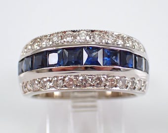 Sapphire and Diamond Wedding Ring - 18K White Gold Stackable Anniversary Band - September Birthstone Fine Jewelry Gift