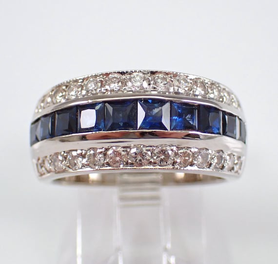 Sapphire and Diamond Wedding Ring - 18K White Gold Stackable Anniversary Band - September Birthstone Fine Jewelry Gift