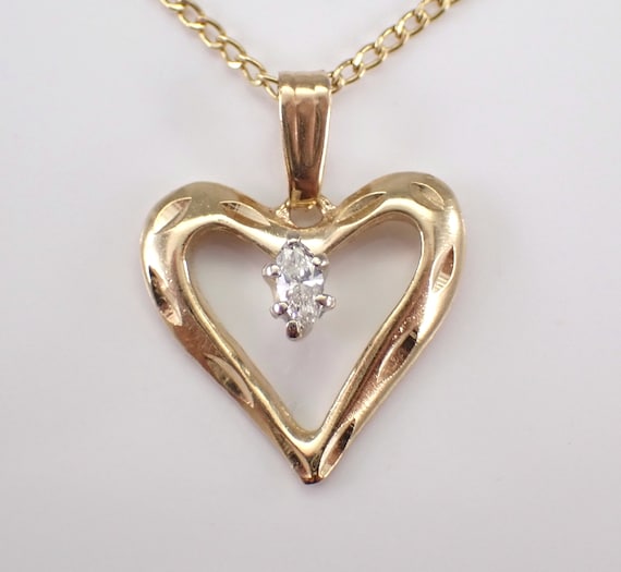 Vintage Diamond Heart Charm Pendant and Chain - 14K Yellow Gold Dainty Choker Necklace - Simple Birthday Jewelry Gift