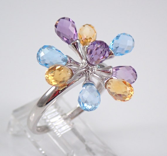 Genuine Gemstone Briolette Ring - 14K White Gold Multi Color Jewelry - Amethyst Blue Topaz Citrine Crystals - Colorful Right Hand Ring