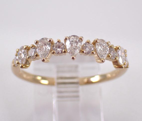 14K Yellow Gold Diamond Wedding Ring - Unique Stackable Pear shape Anniversary Band - Simple Traditional Bridal Jewelry Gift