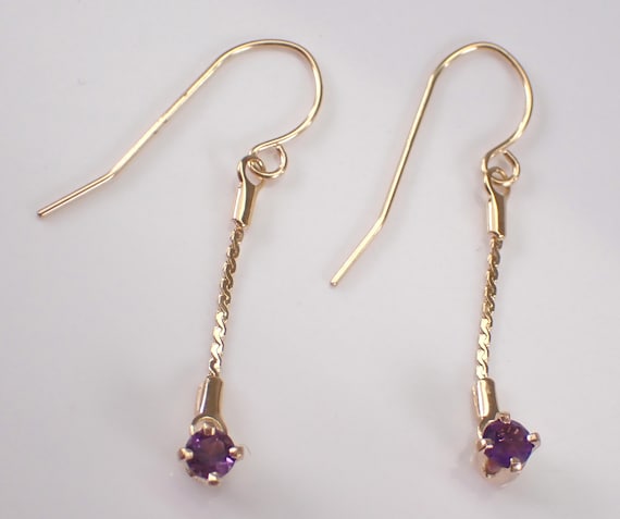 Vintage 14K Yellow Gold Amethyst Earrings: Dangle Chain Gemstone Drop