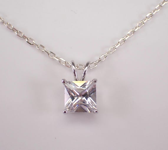 Sterling Silver Cubic Zirconia Solitaire Necklace, Princess Cut Square CZ Charm Pendant and Chain