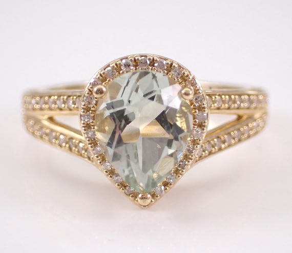 Yellow Gold Prasiolite and Diamond Ring: Green Amethyst Engagement Setting