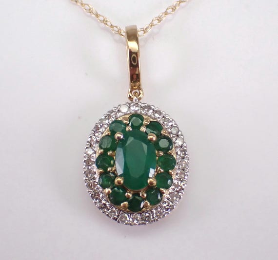 Emerald and Diamond Charm Necklace - Yellow Gold Gemstone Pendant and Chain - May Birthstone Fine Jewelry Gift