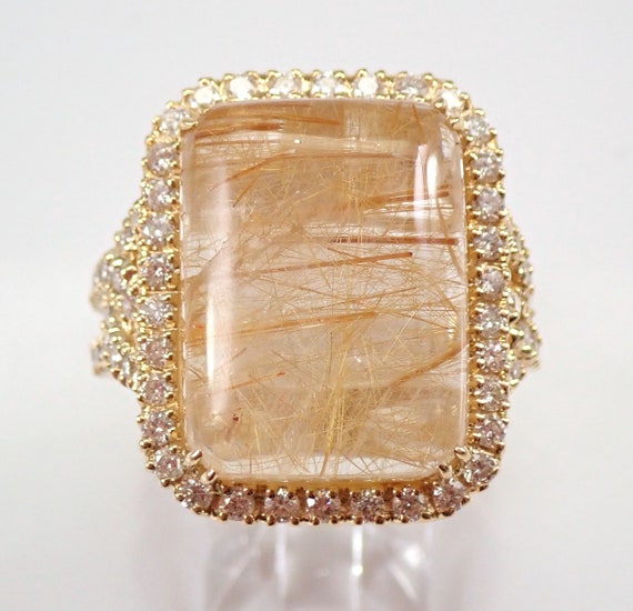 Large Rutilated Quartz and Diamond Halo Ring - 14k Yellow Gold Chunky Band - Unique Rectangular Gemstone