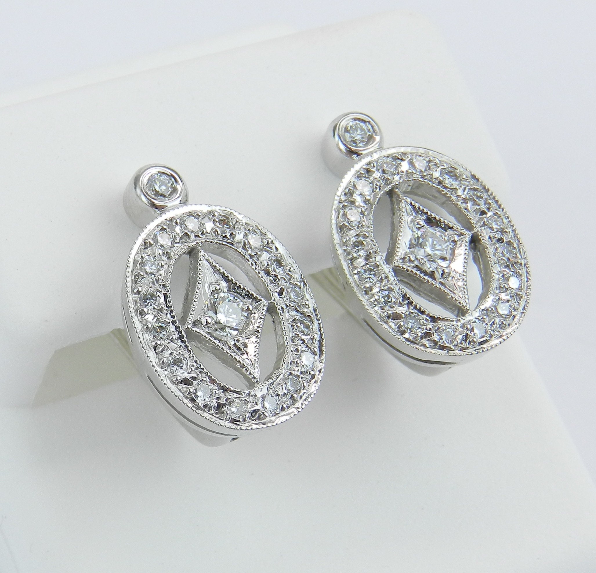 Vintage Style 14K White Gold Diamond Drop Earrings Euro Wire Clasp Handmade