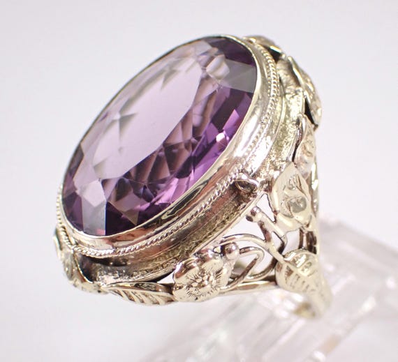Antique 14K Yellow Gold Amethyst Ring - Art Deco Solitaire Engagement Setting - 20s Flower and Leaf Jewelry Gift
