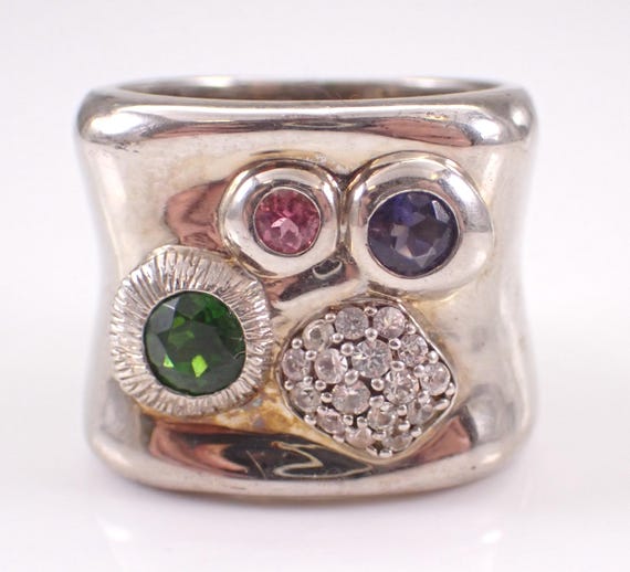 Vintage Sterling Silver Gemstone Ring - Large Estate Square Band - Pink Tourmlaine Sapphire Iolite Gems