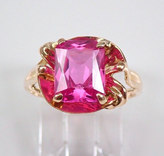 Vintage Pink Gemstone Solitaire Ring - Solid 14k Yellow Gold Emerald Cut Gem Stone - 1940s Antique Fine Jewelry