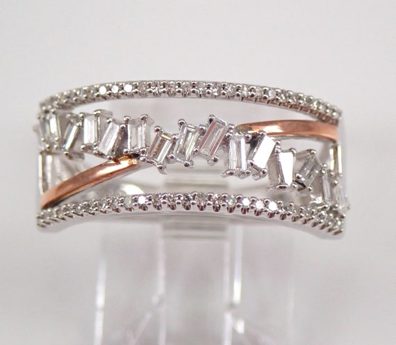 Baguette Diamond Anniversary Ring - Unique Two Tone 10K Gold Crossover Band - Genuine Diamond Stackable Wedding Ring