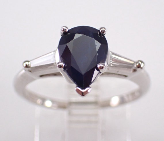 Sapphire and Diamond Engagement Ring, 14K White Gold Bridal Baguette Setting, Teardrop Gemstone Jewelry Gift