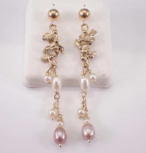 Vintage 14K Yellow Gold Pearl Dangle Earrings - 80s Estate Gemstone Birthstone Jewelry - Unique Angel Carvings on Ball Posts