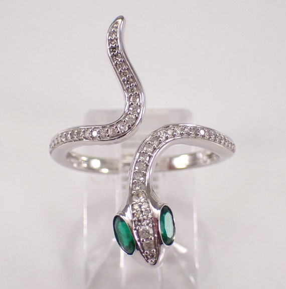 Diamond and Emerald Snake Ring - 14K White Gold Wrapround Band - Serpent Animal Fine Jewelry Gift