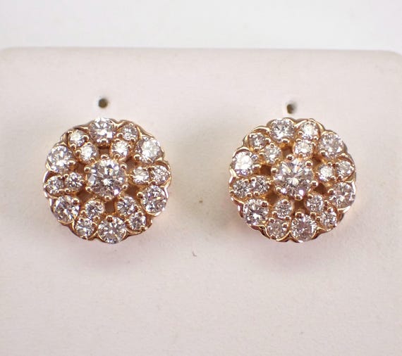 14K Yellow Gold Diamond Stud Earrings - Unique Halo Cluster Studs - Snowflake Flower Fine Jewelry Gift