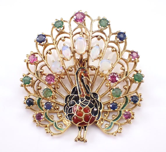 Vintage 14K Yellow Gold Peacock Brooch, Large Multi Color Gemstone Charm Pendant for Necklace, Enamel Ruby Opal Sapphire Emerald Opal Gems