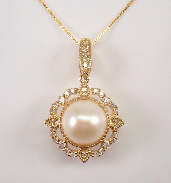 Pearl and Diamond Halo Pendant and Chain - Solid Yellow Gold Celestial Necklace - Unique Snowflake Gemstone Choker Charm