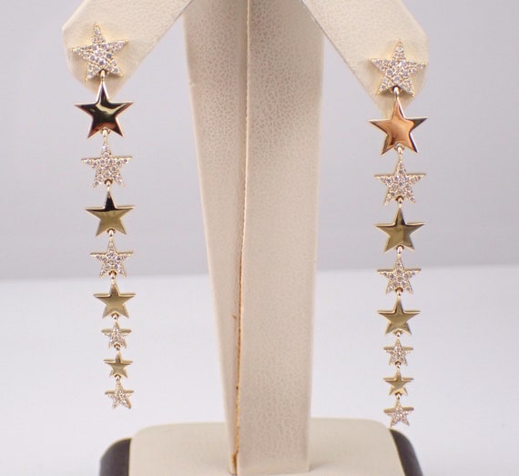 18K Yellow Gold Diamond Star Earrings - Long Dangle Chandelier Design - Unique Celestial Fine Jewelry Gift