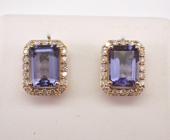 Yellow Gold Iolite and Diamond Stud Earrings, Purple Gemstone Halo Studs
