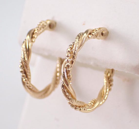 Vintage 14K Yellow Gold Hoop Earrings - Dainty Small Twisted Braided Hoops