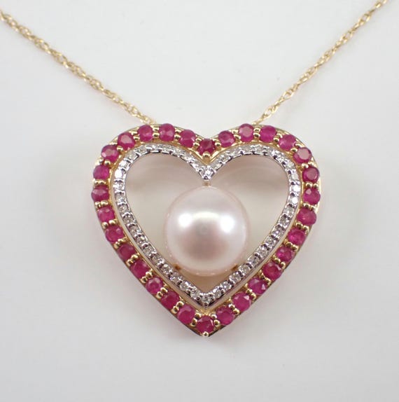 14K Yellow Gold Ruby and Pearl Heart Necklace - Gemstone and Diamond Choker Chain - Birthstone Charm Pendant Jewelry Gift