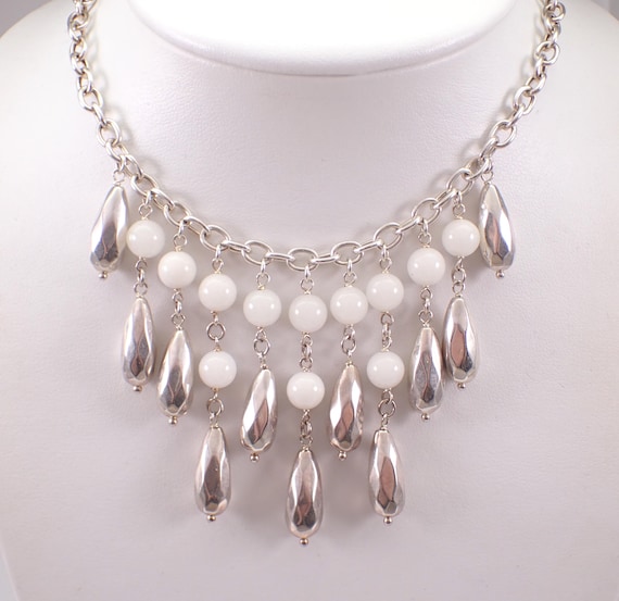 Vintage Sterling Silver White Agate Necklace: Chandelier Style Charm Pendant Choker Chain