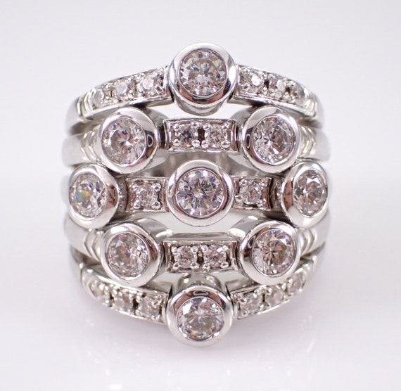Sterling Silver Wide Multi Row Dome Ring - Unique Large Cubic Zirconia Band - Estate Designer Fine Jewelry Gift