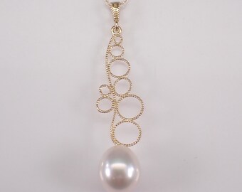 14K Yellow Gold Pearl Charm Necklace: Filigree Teardrop Dangle Drop Pendant and Chain