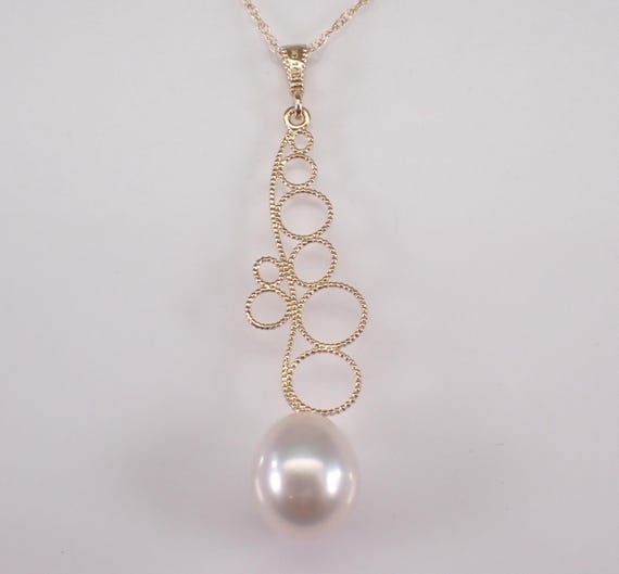 14K Yellow Gold Pearl Charm Necklace: Filigree Teardrop Dangle Drop Pendant and Chain
