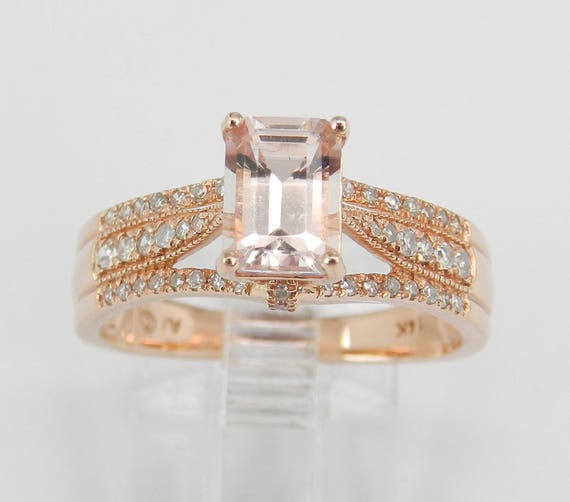 Emerald Cut Morganite and Diamond Halo Engagement Ring 14K Rose Gold Size 7