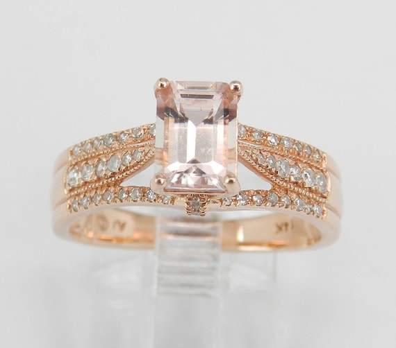 Emerald Cut Morganite and Diamond Halo Engagement Ring 14K Rose Gold Size 7