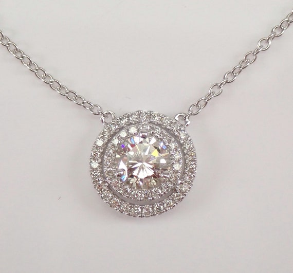 14K White Gold Diamond Station Necklace - Double Halo Charm Pendant - Diamonds by the Yard Chain
