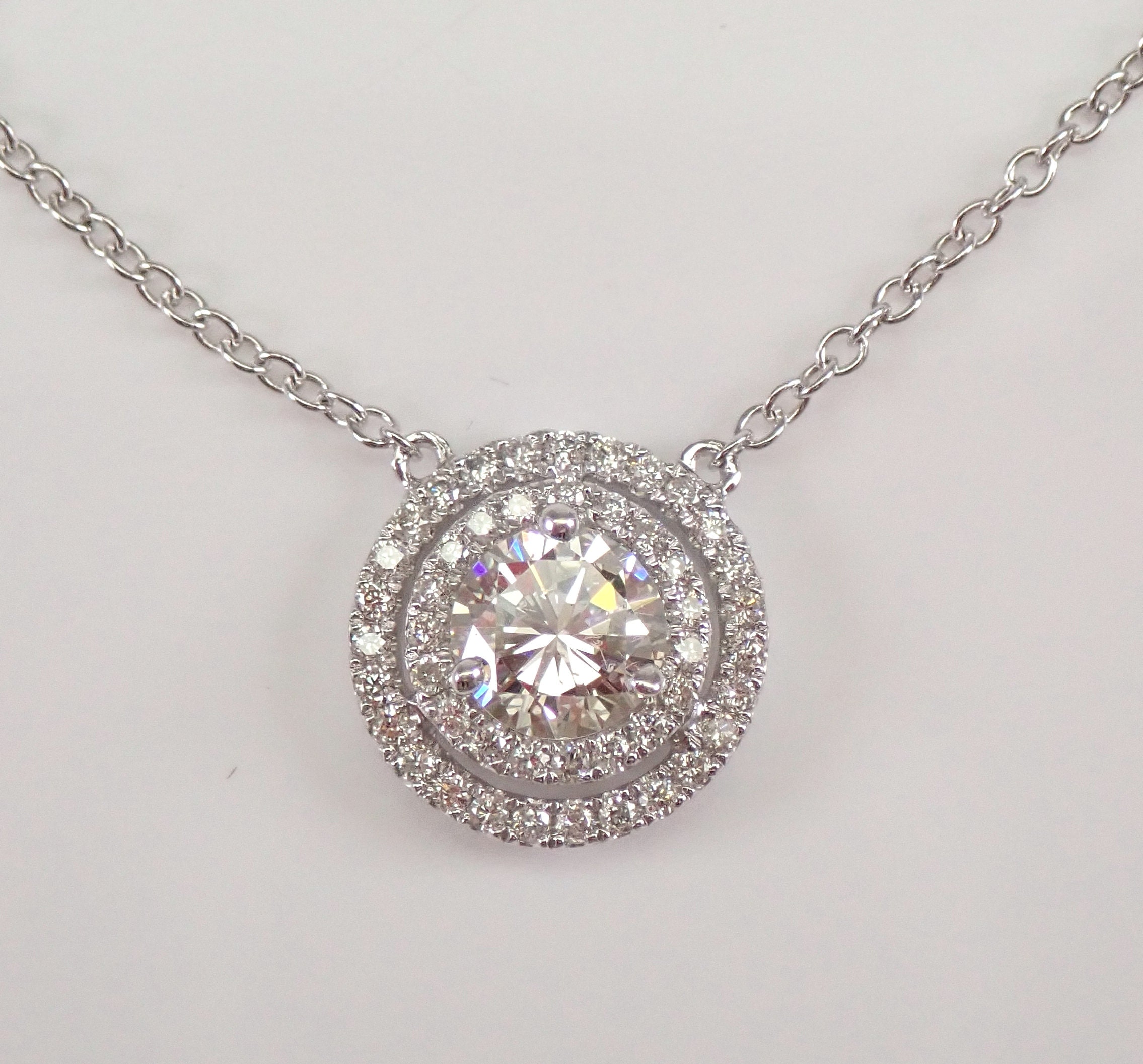 14K White Gold Diamond Station Necklace Double Halo Charm Pendant Diamonds by the Yard Chain
