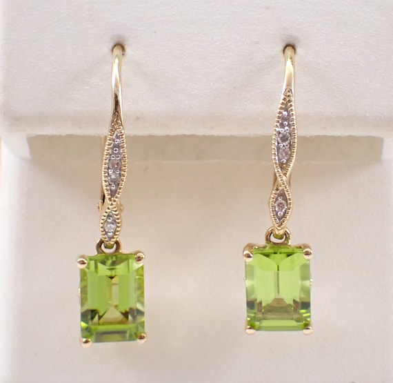 14K Yellow Gold Emerald Cut Peridot Earrings, Diamond Dangle Leverback Setting, August Gemstone Birthstone Jewelry