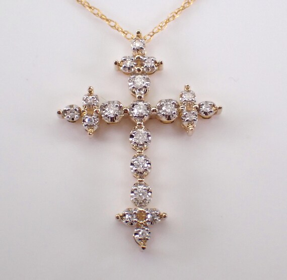 14k Yellow Gold Diamond CROSS Pendant, Religious Charm Choker Necklace, Crucifix Gift on Thin 18 inch Chain