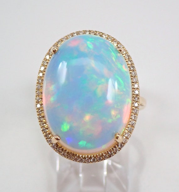 14K Yellow Gold Opal Ring, Large Diamond Halo Setting, October Birthstone Bridal Jewelry Gift