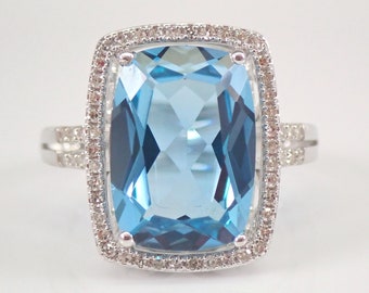 Cushion Cut Blue Topaz Engagement Ring, 14K White Gold Diamond and Gemstone Halo Ring