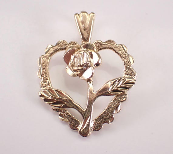 Vintage 14K Yellow Gold Heart Charm Pendant, Dainty Rose Flower Drop, Estate Jewelry for Bracelet or Necklace