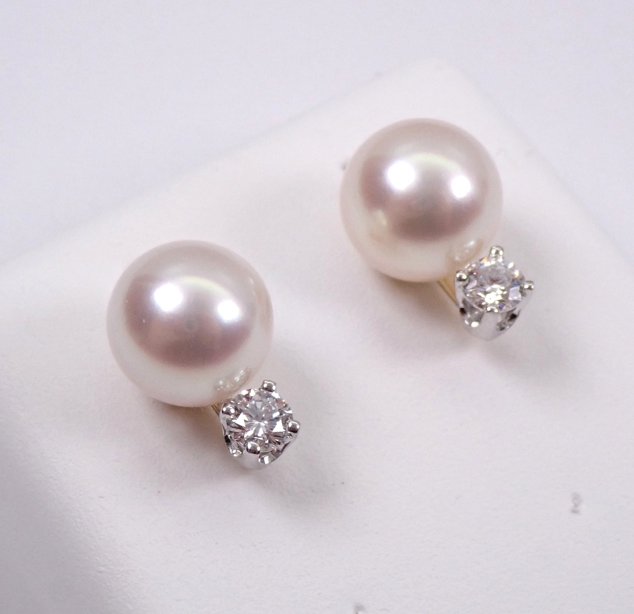 Pearl and Diamond Studs, Pearl Stud Earrings, 14K Yellow Gold Diamond ...