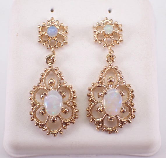 Vintage 14K Yellow Gold Opal Earrings - Estate Antique Gemstone Dangle Drops