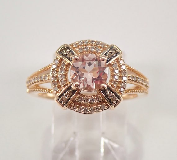 14K Rose Gold Morganite Ring - Fancy Brown Diamond Halo Setting - Pink Gemstone Fine Jewelry Gift