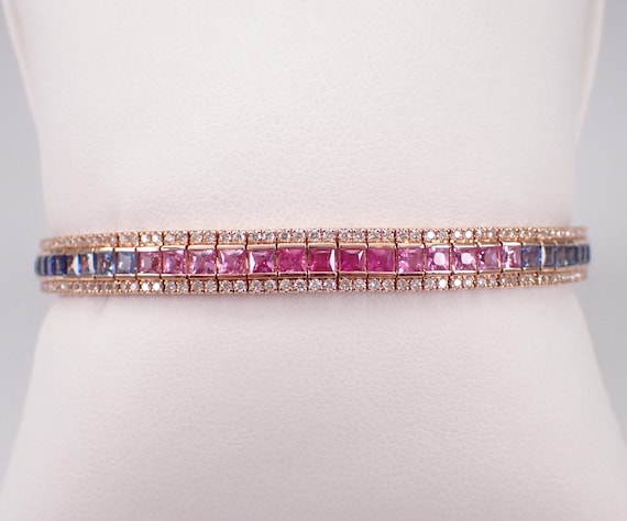 14K Rose Gold Multi Color Sapphire Bracelet - Diamond Multi Row Tennis Setting - Square Princess Cut Pink Blue Orange Green