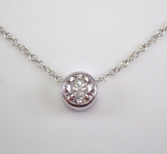 Genuine Round Diamond or Moissanite Solitaire Pendant - Bezel Set Brilliant Choker Necklace and Chain - Solid 14K White Gold