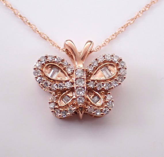 Rose Gold Diamond Butterfly Necklace - Dainty Charm Pendant and Chain - Unique Floating Simple Jewelry Gift