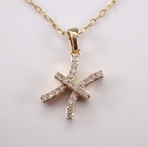 Yellow Gold Diamond Pisces Sign Necklace - Zodiac Astrology Station Charm Pendant and Chain - Unique Dainty Jewelry Gift