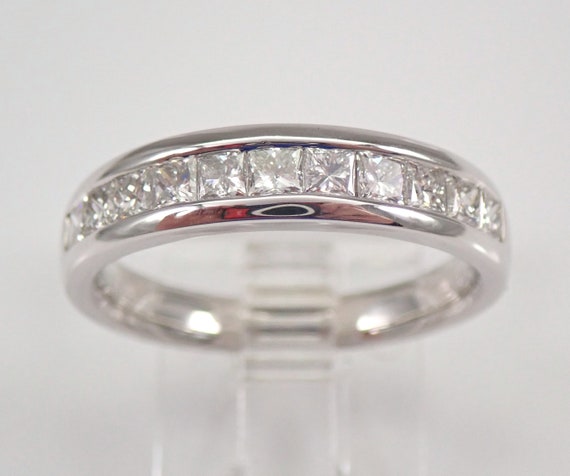 14K White Gold Diamond Wedding Ring - Stackable Princess Cut Anniversary Band - Chunky Bridal Channel Setting