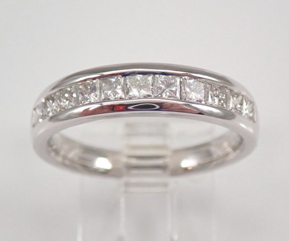 Genuine Princess Cut Diamond Wedding Ring - 14k White Gold Anniversary Band - Chunky Channel Setting