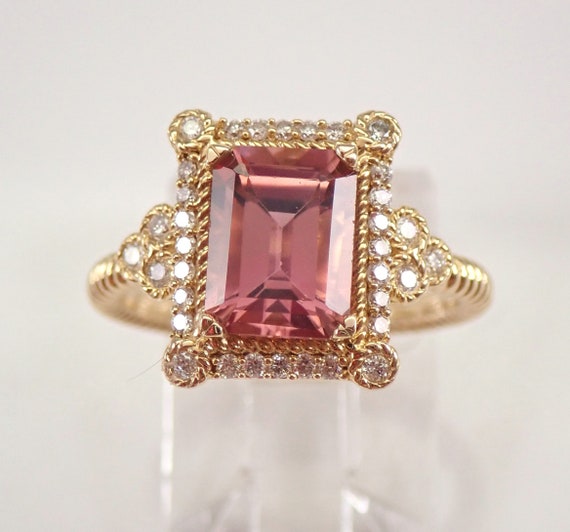 Emerald Cut Pink Tourmaline Engagement Ring, 14K Yellow Gold Gemstone and Diamond Halo Ring, Pink Gemstone Fine Jewelry for Her