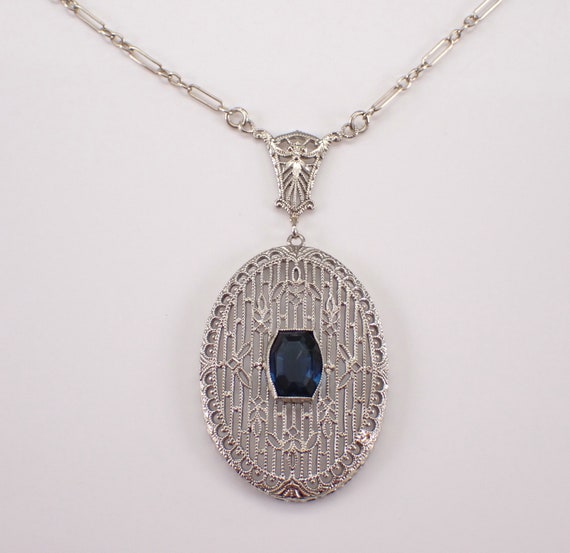Antique White Gold Sapphire Necklace - Large Filigree Art Deco Pendant and Chain - 20s Gemstone Fine Jewelry Gift
